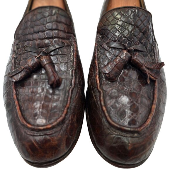 Vintage Exotic Crocodile by Paris Shoes Mens 10D Custom Made Brown Dress Loafers - Picture 5 of 12